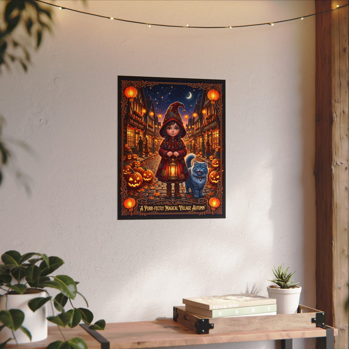 Whimsical Halloween Cute Girl and Blue Cat | Textured Watercolor Matte Poster | Purr-fectly Magical Autumn Village | Fall Jack-o'-Lanterns