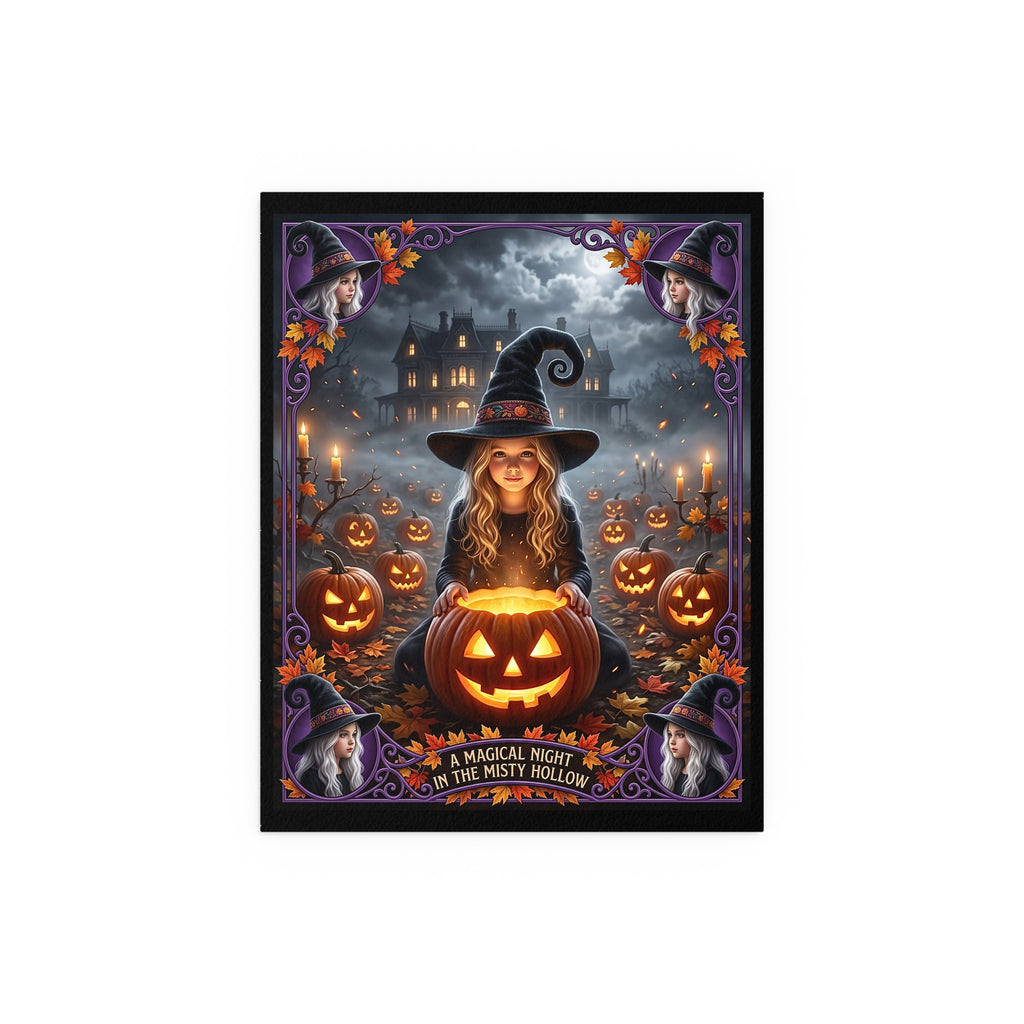 A Magical Night in the Misty Hollow | Silk-finish Poster | Cute Halloween Witch, Glowing Jack-o'-Lanterns | Fall Gift for Kids and Adults