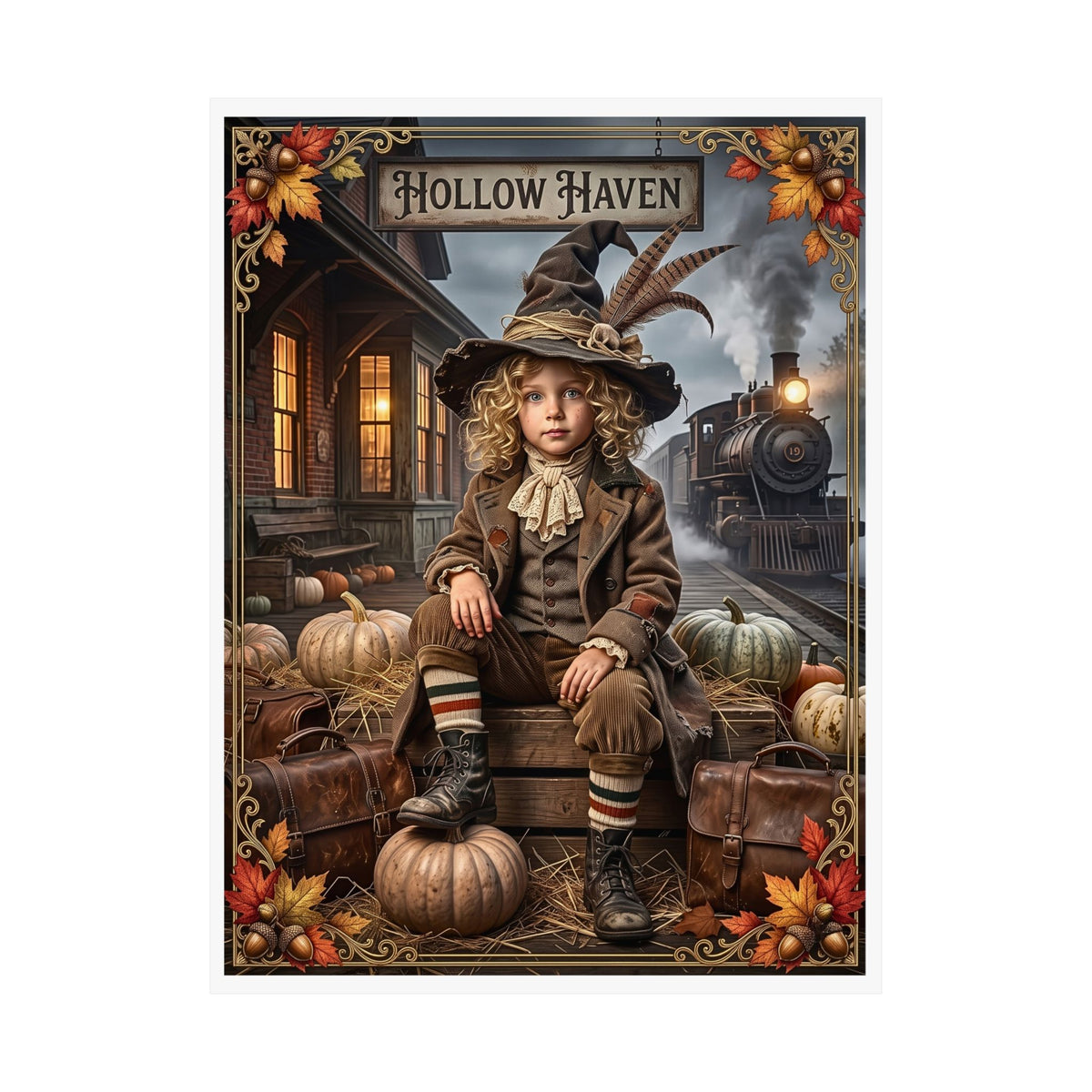 Vintage Halloween Traveler Child Design | Matte Poster | Gothic Fall Graphic | 1900 "Hollow Haven" Train Station | Whimsical Witch Decor