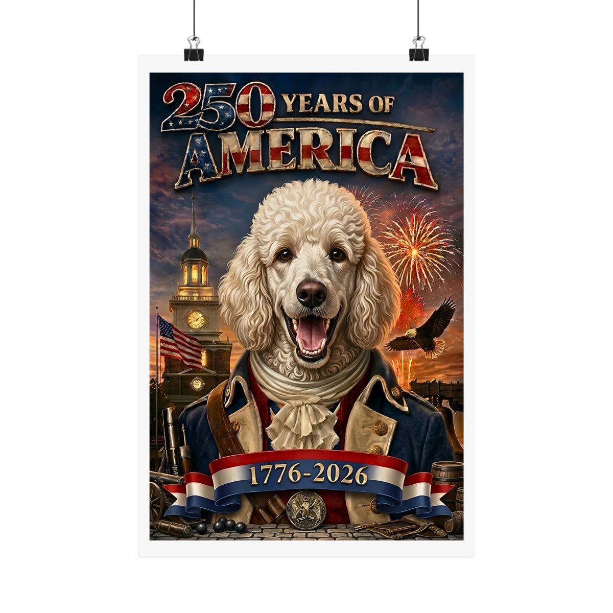 Patriotic POODLE Dog | Matte Finish Poster | 250 Years of America 1776-2026 | Independence Hall | Soaring Bald Eagle | Fireworks | 5 sizes