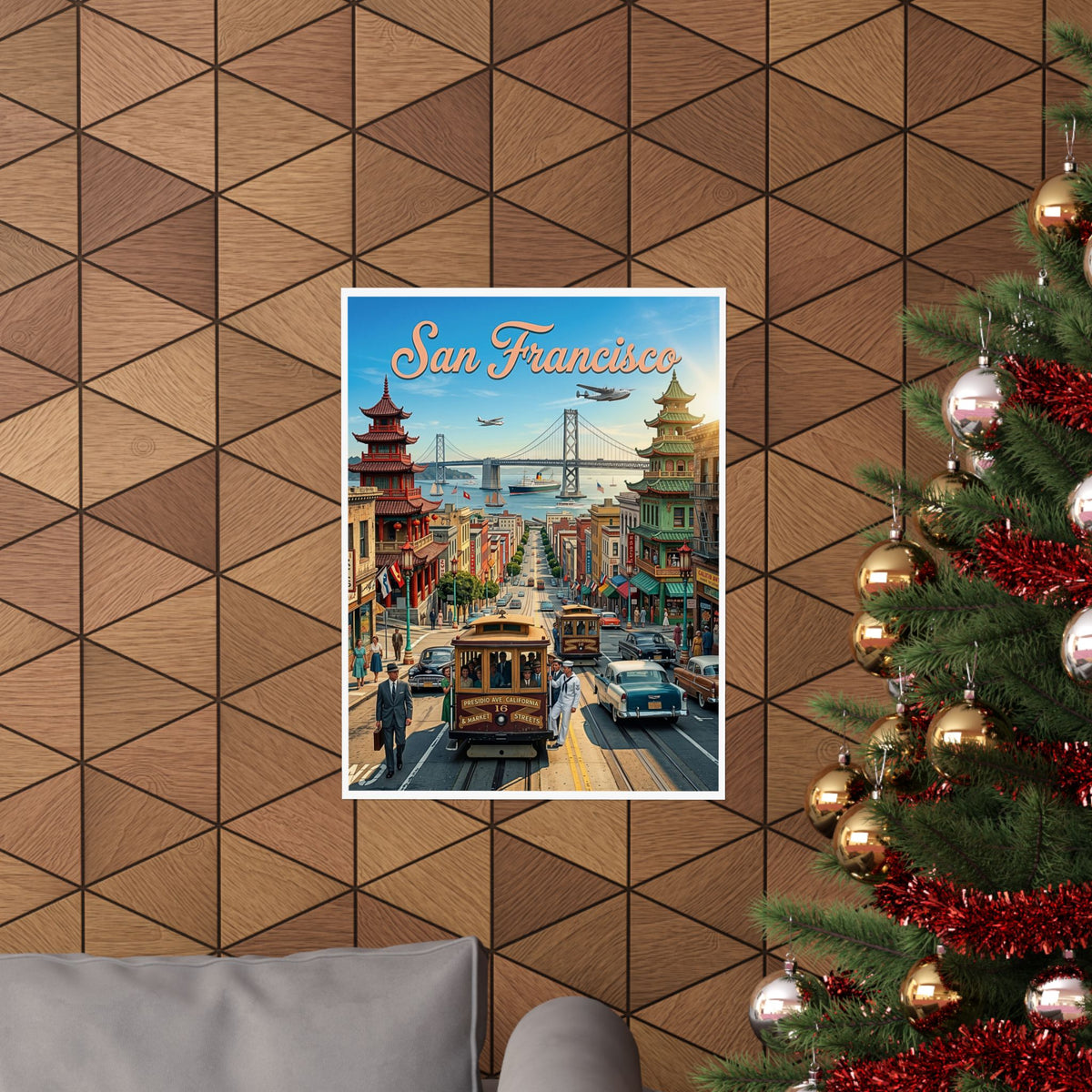 Vintage 1950's San Francisco Travel Art | Matte Vertical Poster | Mid-Century Modern Cable Car| Retro Bay Bridge & Chinatown Cityscape Print
