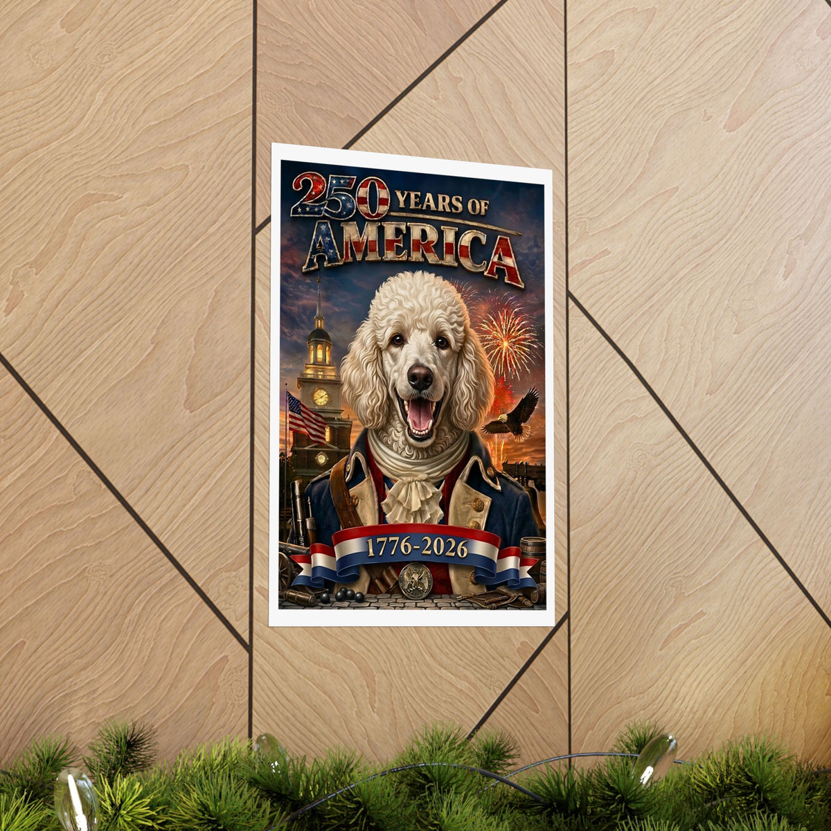 Patriotic POODLE Dog | Matte Finish Poster | 250 Years of America 1776-2026 | Independence Hall | Soaring Bald Eagle | Fireworks | 5 sizes