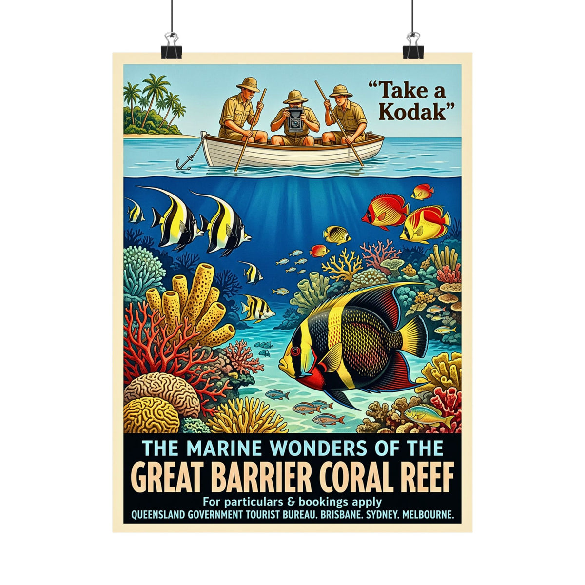 Vintage Australian Great Barrier Reef Travel Poster | Vertical Matte Print | 1930s Retro Ocean Coral Art | Mid-Century Marine Illustration