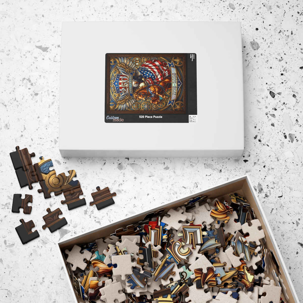 Vintage Steampunk US Semiquincentennial Anniversary 1776 - 2026  | Faux Stained-Glass Jigsaw Puzzle | Clockwork Eagle and Rearing Horse Emblem