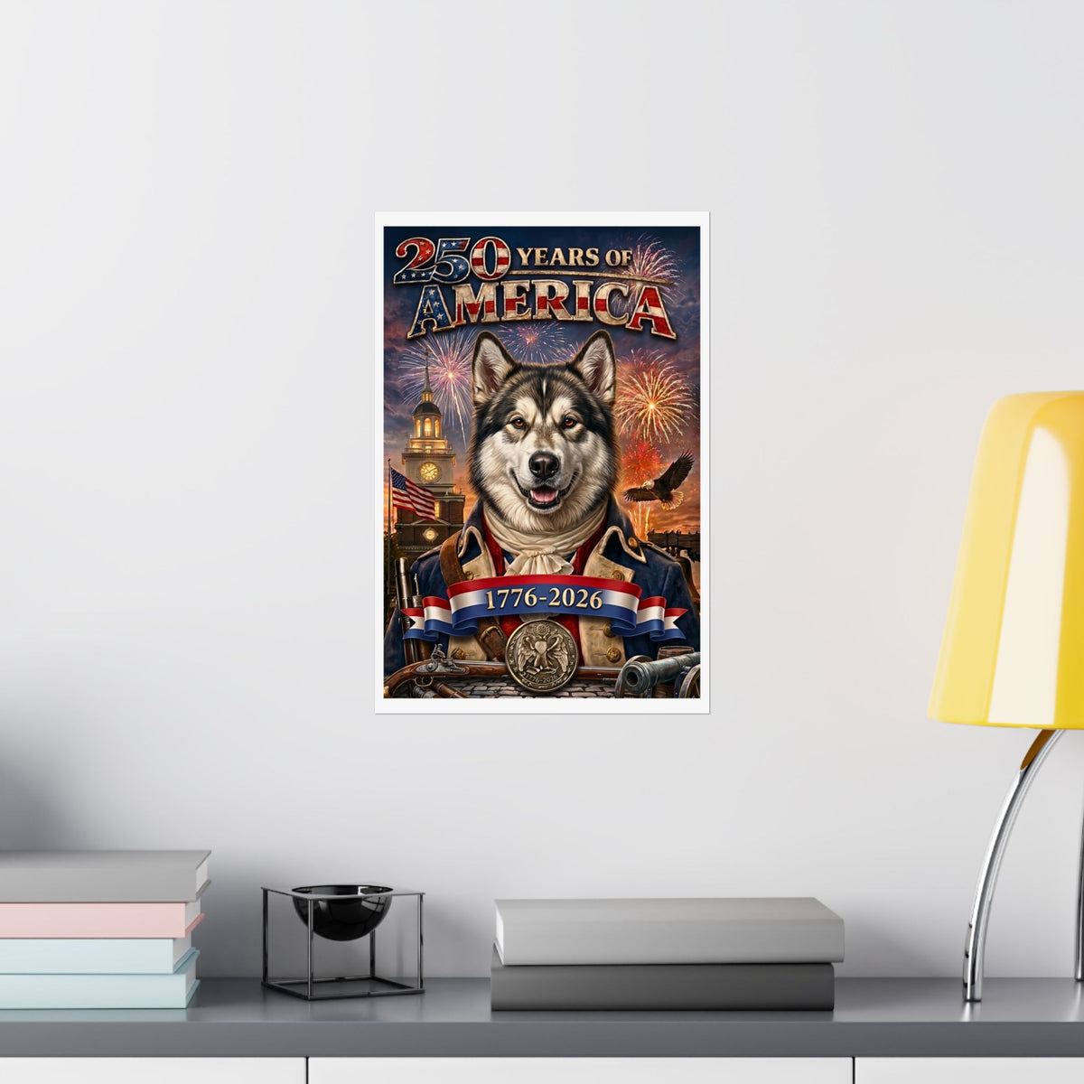 Patriotic ALASKAN MALAMUTE Dog | Matte Finish Poster | 250 Years of America 1776-2026 | Independence Hall | Soaring Bald Eagle | Fireworks