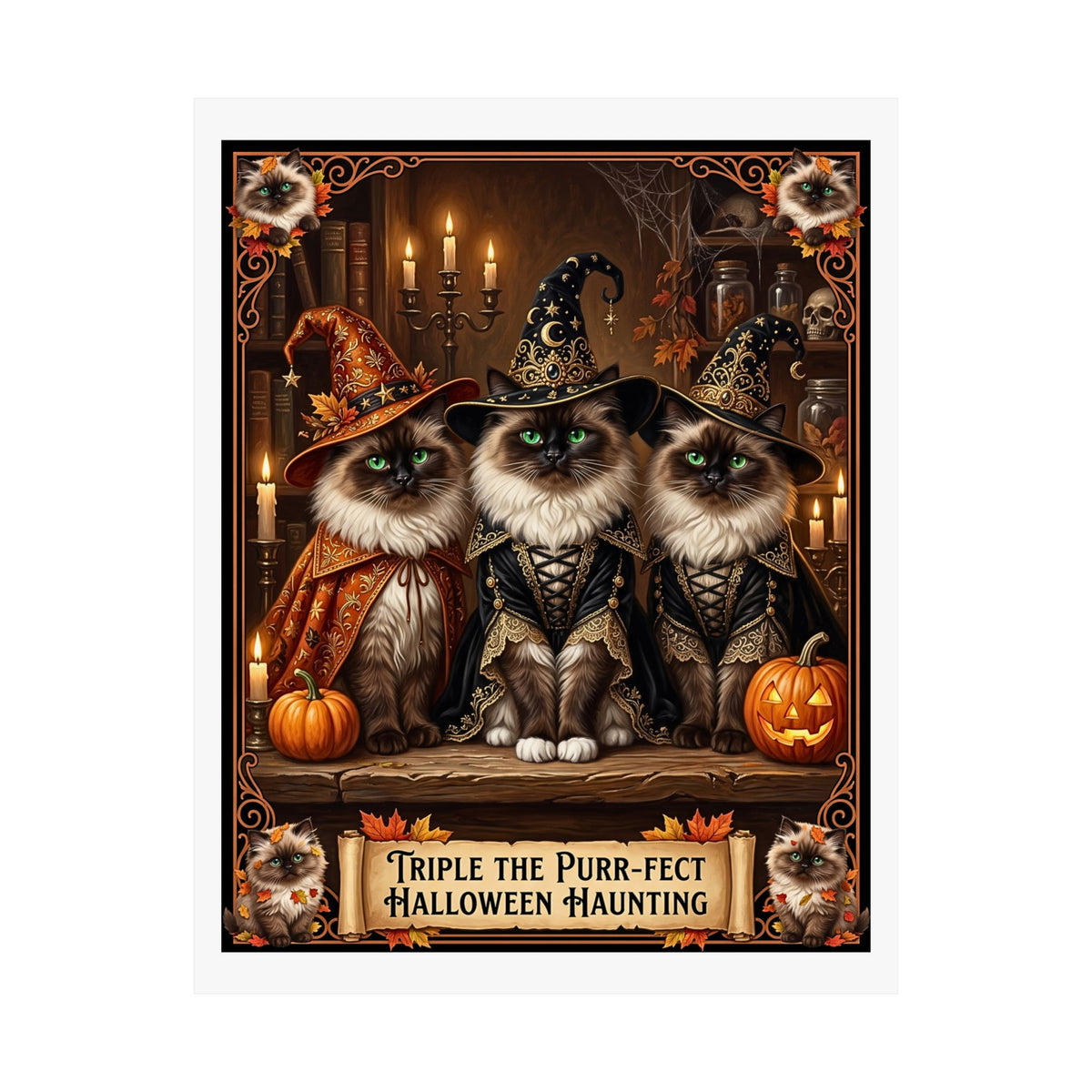 Witch Hat Himalayan Kittens Halloween Poster | Triple The Purr-fect Haunting | Whimsical Dark Fantasy Wall Art | Vintage Style Pumpkin Decor