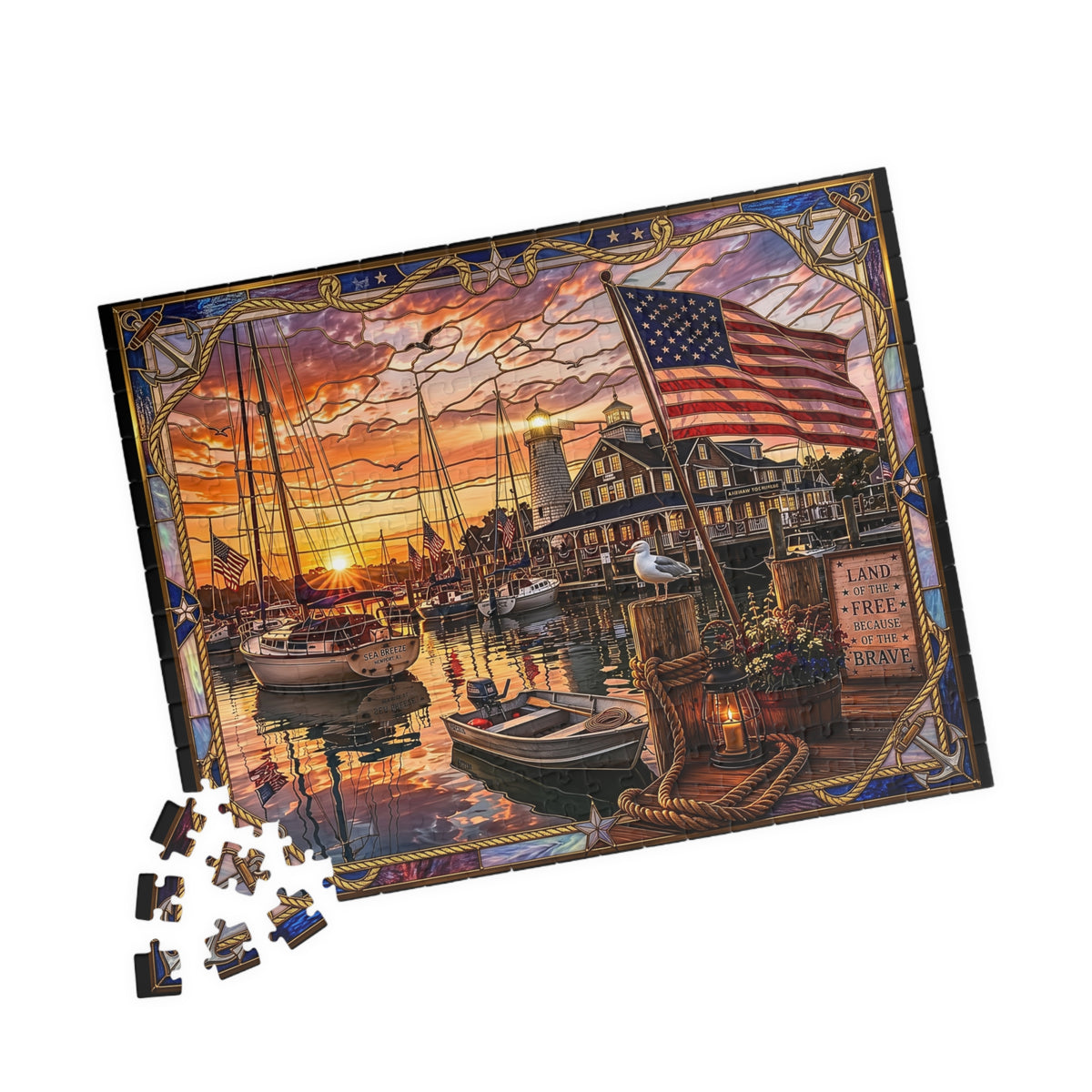 Patriotic Harbor Sunset Stained-Glass Jigsaw Puzzle | Land of the Free Because of the Brave | Nautical Lighthouse, American Flag Coastal Art