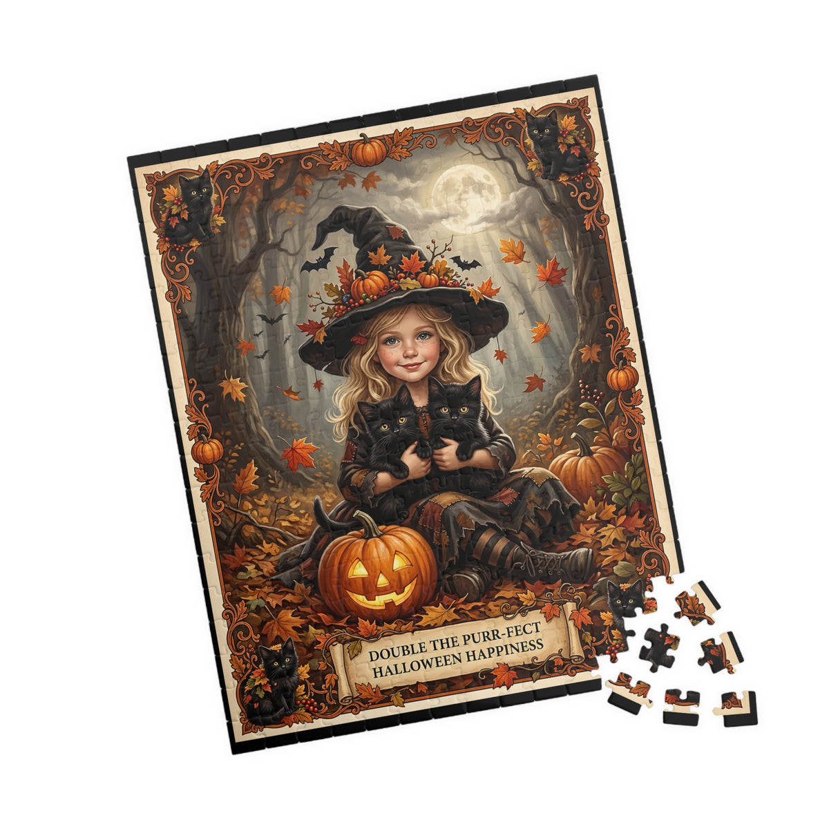 Vintage Double the Purr-fect Halloween Jigsaw Puzzle | Young Blonde Witch, Black Kittens | Autumn Jack-o'-Lantern | Fall Leaves & Full Moon