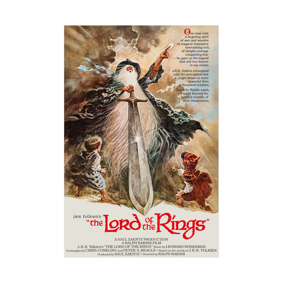 1978 'LORD of the RINGS' Vintage Movie Poster | Gandalf with Sword and Hobbits | Classic Tolkien Fantasy Wall Art | Film Buff Gift, 3 Sizes