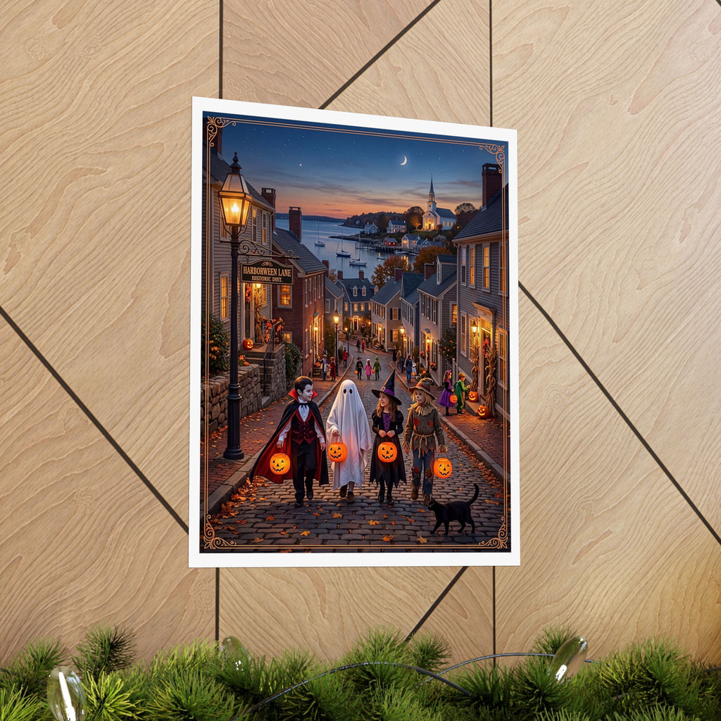 "HARBORWEEN LANE" Historic District | Matte Finish Poster – 7 Sizes | Nostalgic Night Town Scene | Classic Halloween Art | Spooky Retro Trick-or-Treat Village | Fall Gift for Kids & Adults