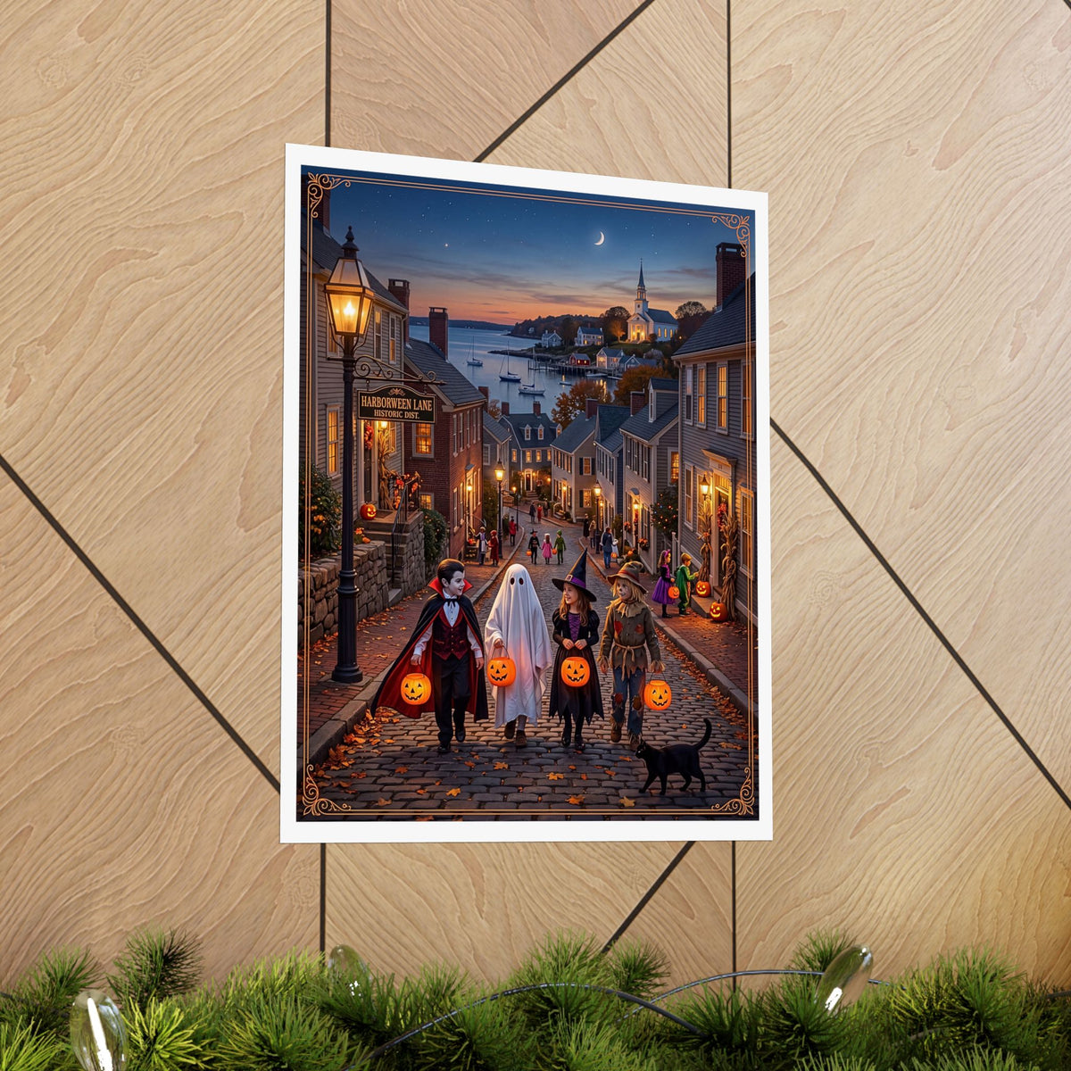 "HARBORWEEN LANE" Historic District | Matte Finish Poster – 7 Sizes | Nostalgic Night Town Scene | Classic Halloween Art | Spooky Retro Trick-or-Treat Village | Fall Gift for Kids & Adults