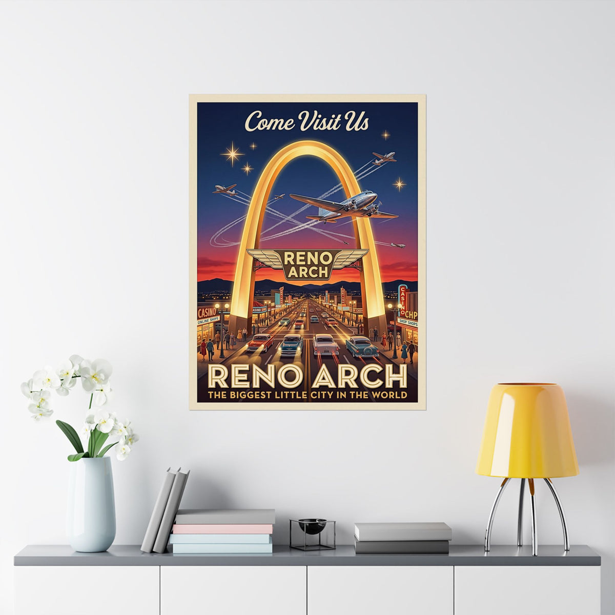 Reno Arch Retro Travel | Matte Vertical Poster | Vintage Nevada Mid-Century Wall Art | Biggest Little City | 1950s Americana Cityscape Decor