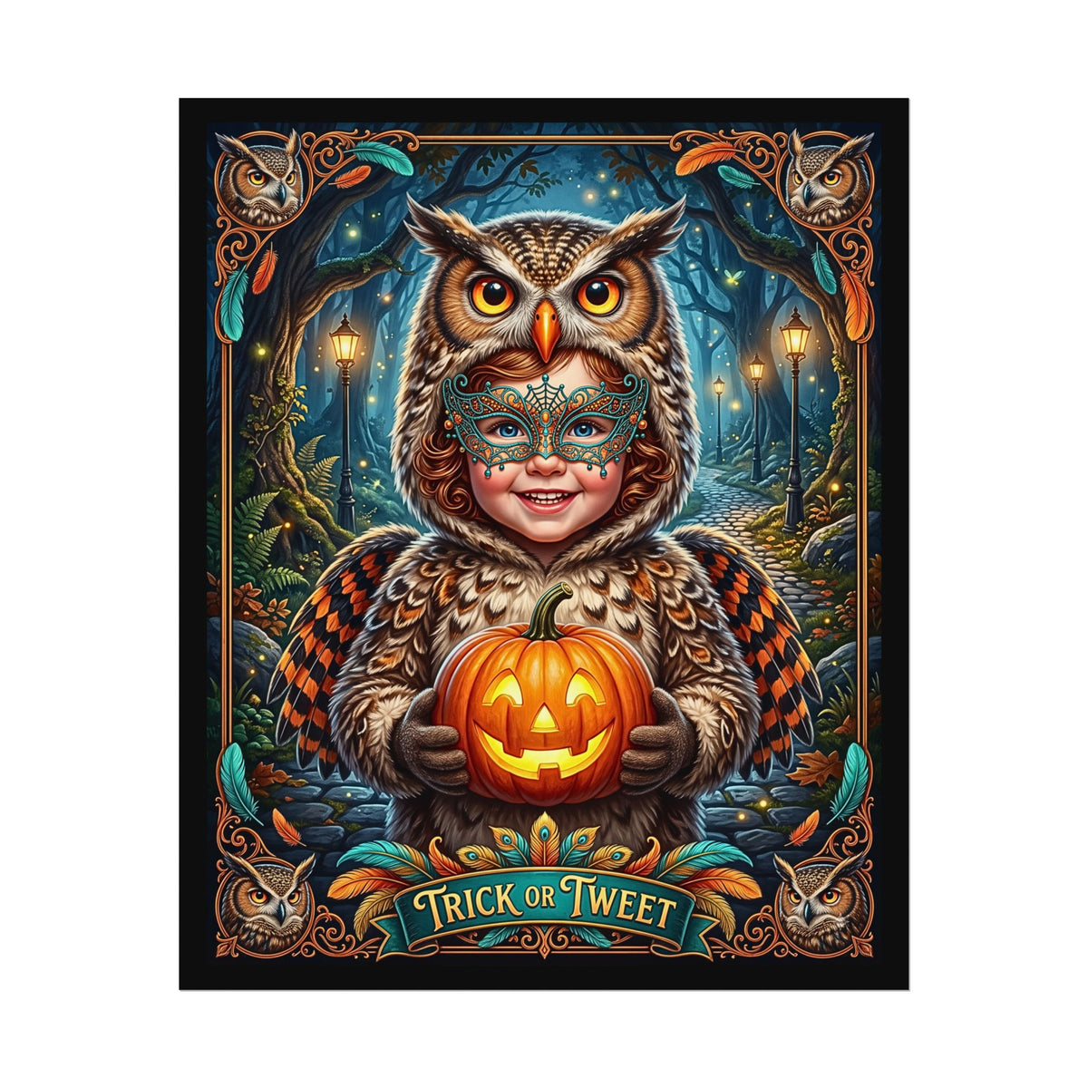 Adorable Halloween Owl Costume | Textured Watercolor Matte Poster |  "Trick or Tweet" Vintage Night Forest | Cute Jack-O-Lantern Fall Poster