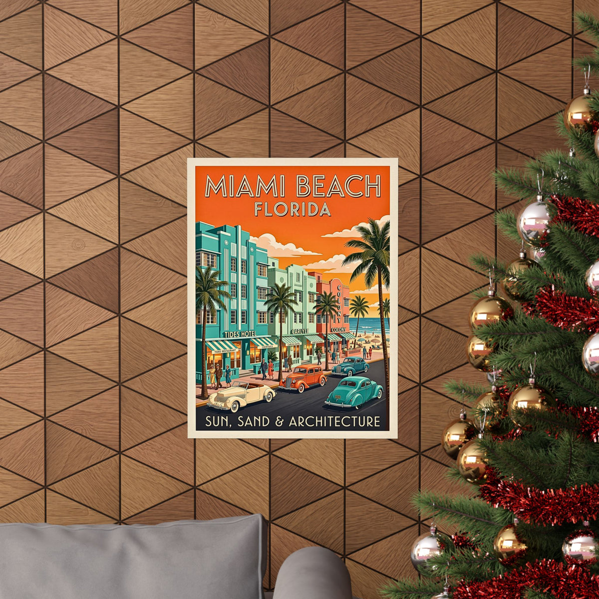 Miami Beach Florida Art Deco Travel | Matte Poster | Retro Vintage Mid-Century Wall Art | Ocean Drive, Tides & Carlyle Hotels, Classic Cars