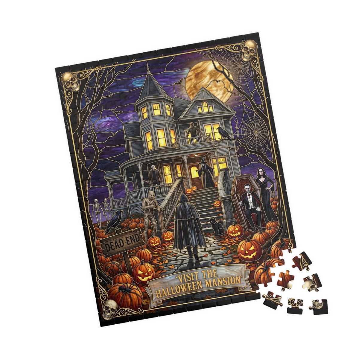 Halloween Mansion Art | Faux Stained-Glass Jigsaw Puzzle | Gothic Victorian Haunted House | Spooky Charcters, Count Dracula, Witch & Mummy