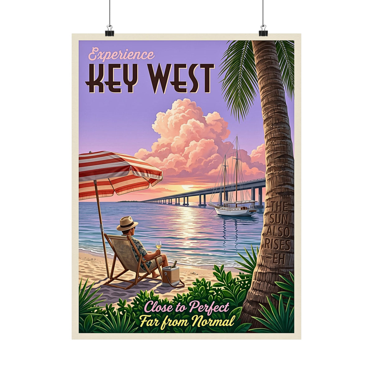 Vintage Key West Travel Poster | Matte Vertical Print | Retro Florida Keys Beach | Sailboat & Sunset Illustration| Mid-Century Coastal Decor