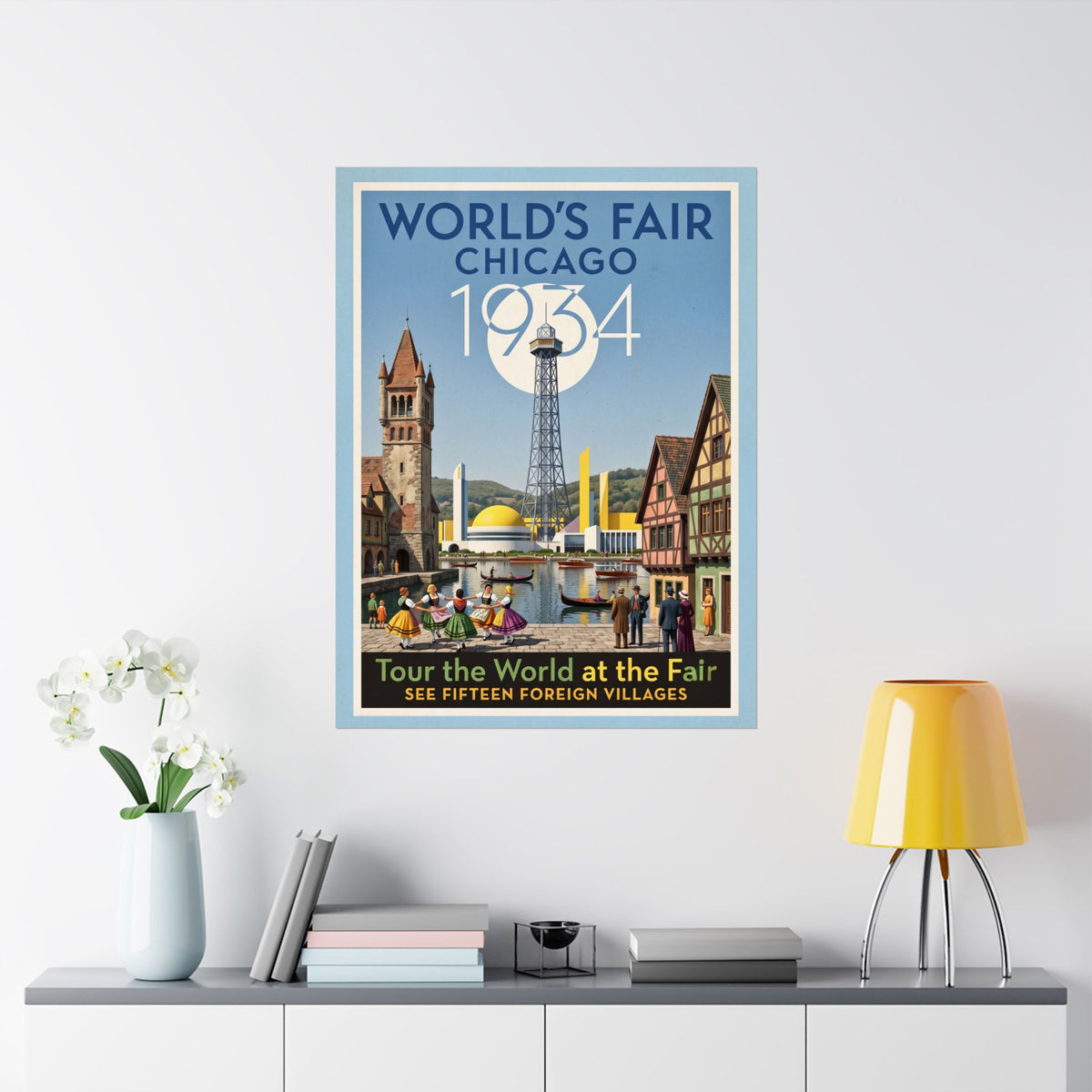 Vintage 1934 Chicago World's Fair Travel Print | Matte Vertical Poster | Art Deco Architecture Wall Art | Retro Chicago History Home Decor