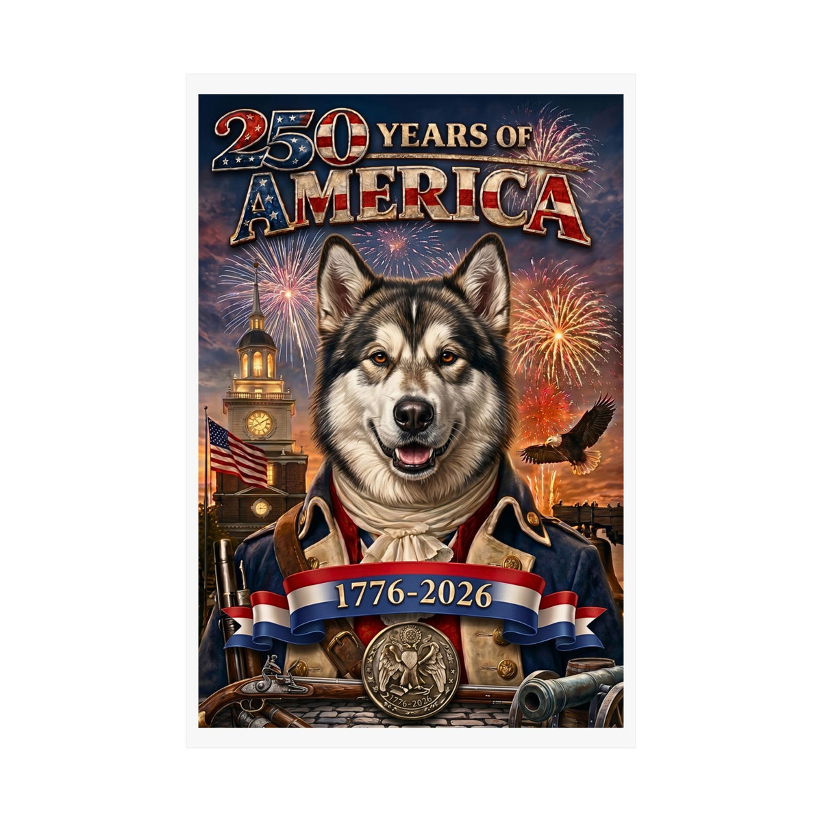 Patriotic ALASKAN MALAMUTE Dog | Matte Finish Poster | 250 Years of America 1776-2026 | Independence Hall | Soaring Bald Eagle | Fireworks