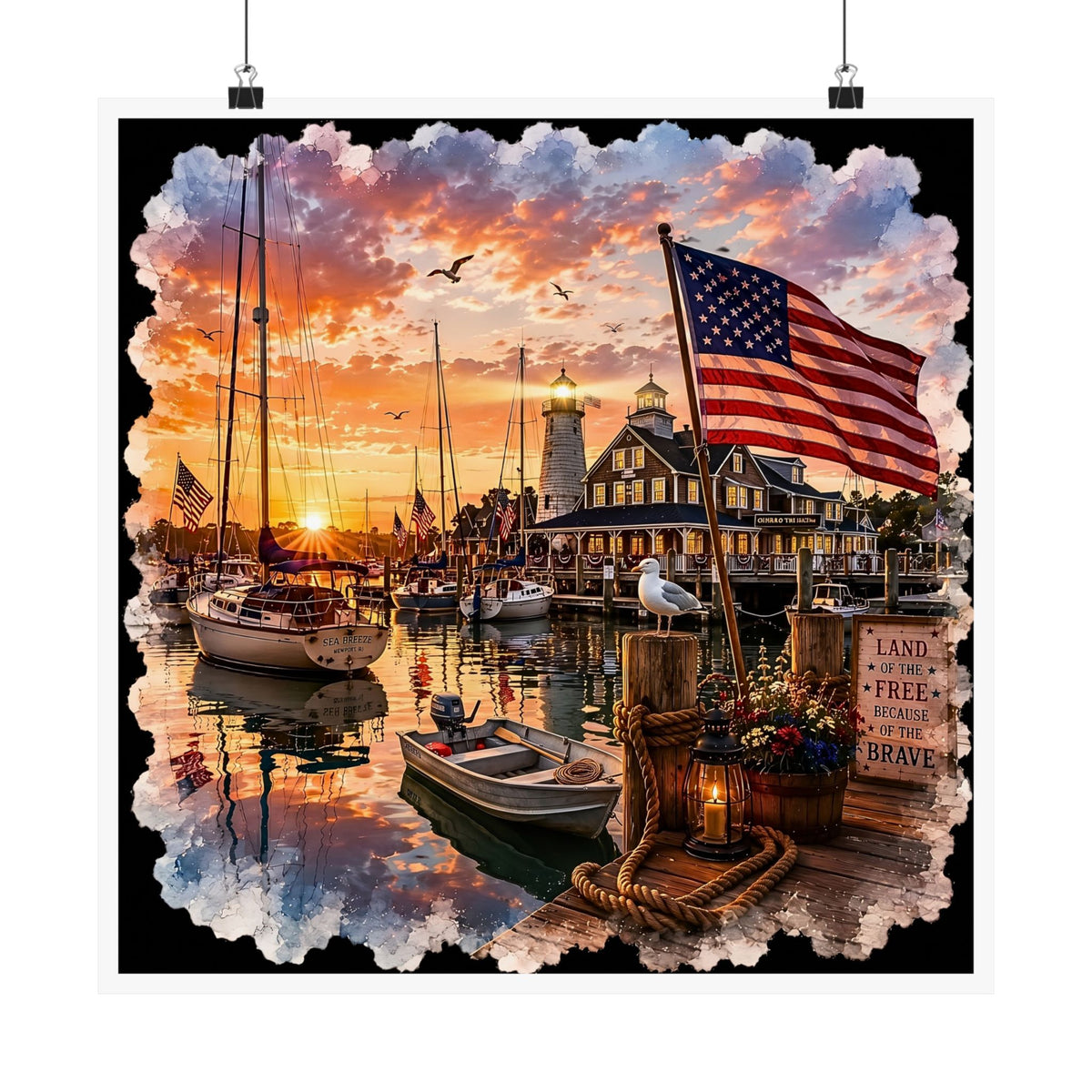 Patriotic Harbor Sunset Watercolor| Matte Square Poster | Land of the Free Because of the Brave Design | Classic Lighthouse, American Flag