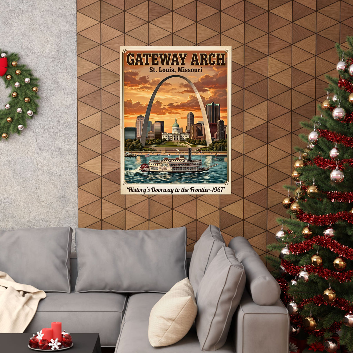 St. Louis Gateway Arch | Vertical Matte Travel Poster | Retro Mid-Century Wall Art | 1960's Historic Mississippi River Steamboat Graphic
