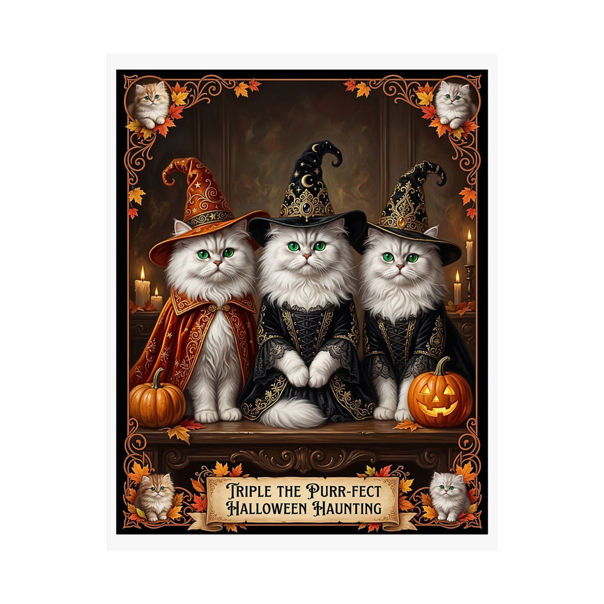 Witch Hat Persian Kittens Halloween Poster | Triple The Purr-fect Haunting | Whimsical Dark Fantasy Wall Art
