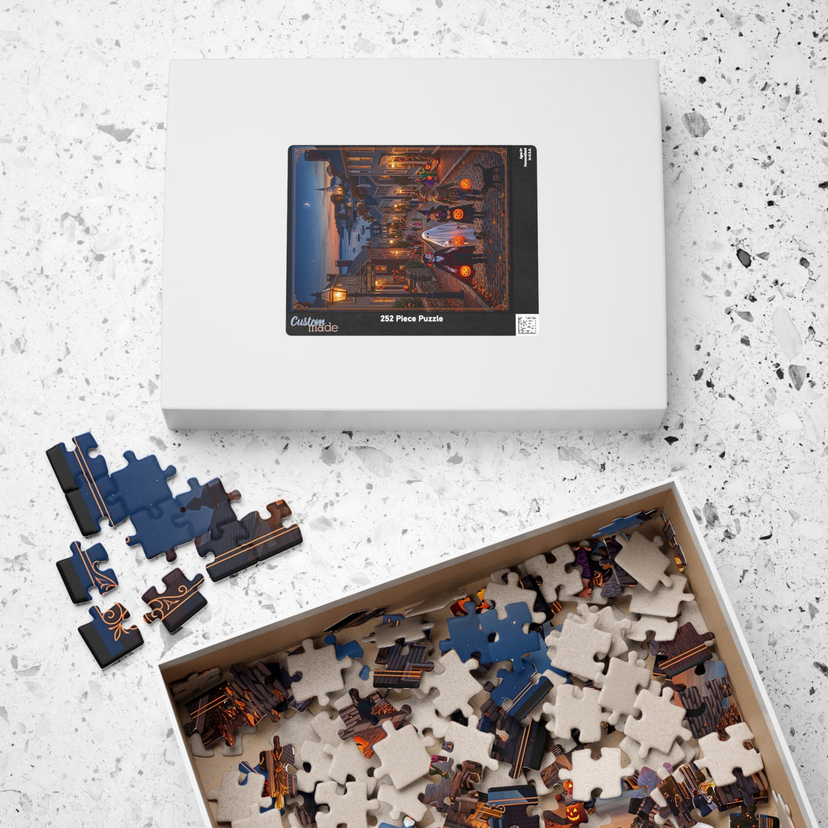 "HARBORWEEN LANE" Historic District | Jigsaw Puzzle - 3 sizes | Nostalgic Night Town Scene | Classic Halloween Art | Spooky Retro Trick-or-Treat Village | Fall Gift for Kids & Adults