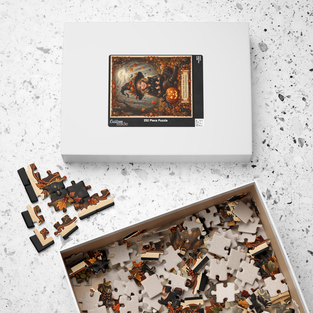 Vintage Double the Purr-fect Halloween Jigsaw Puzzle | Young Blonde Witch, Black Kittens | Autumn Jack-o'-Lantern | Fall Leaves & Full Moon