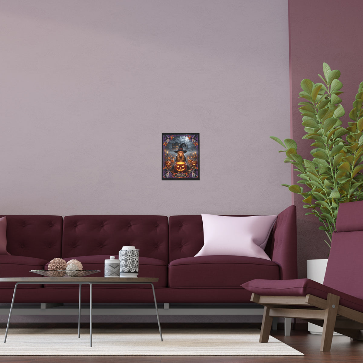 A Magical Night in the Misty Hollow | Silk-finish Poster | Cute Halloween Witch, Glowing Jack-o'-Lanterns | Fall Gift for Kids and Adults