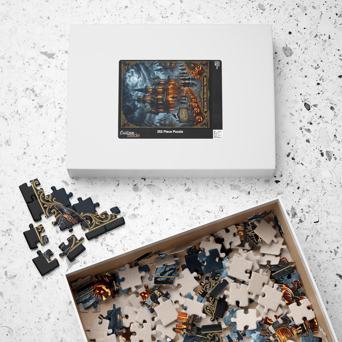 Hollowhill Manor Halloween Jigsaw Puzzle | Spooky Gothic Victorian Haunted Mansion | Witch Decor, Jack-O-Lanterns, Bats, Crows
