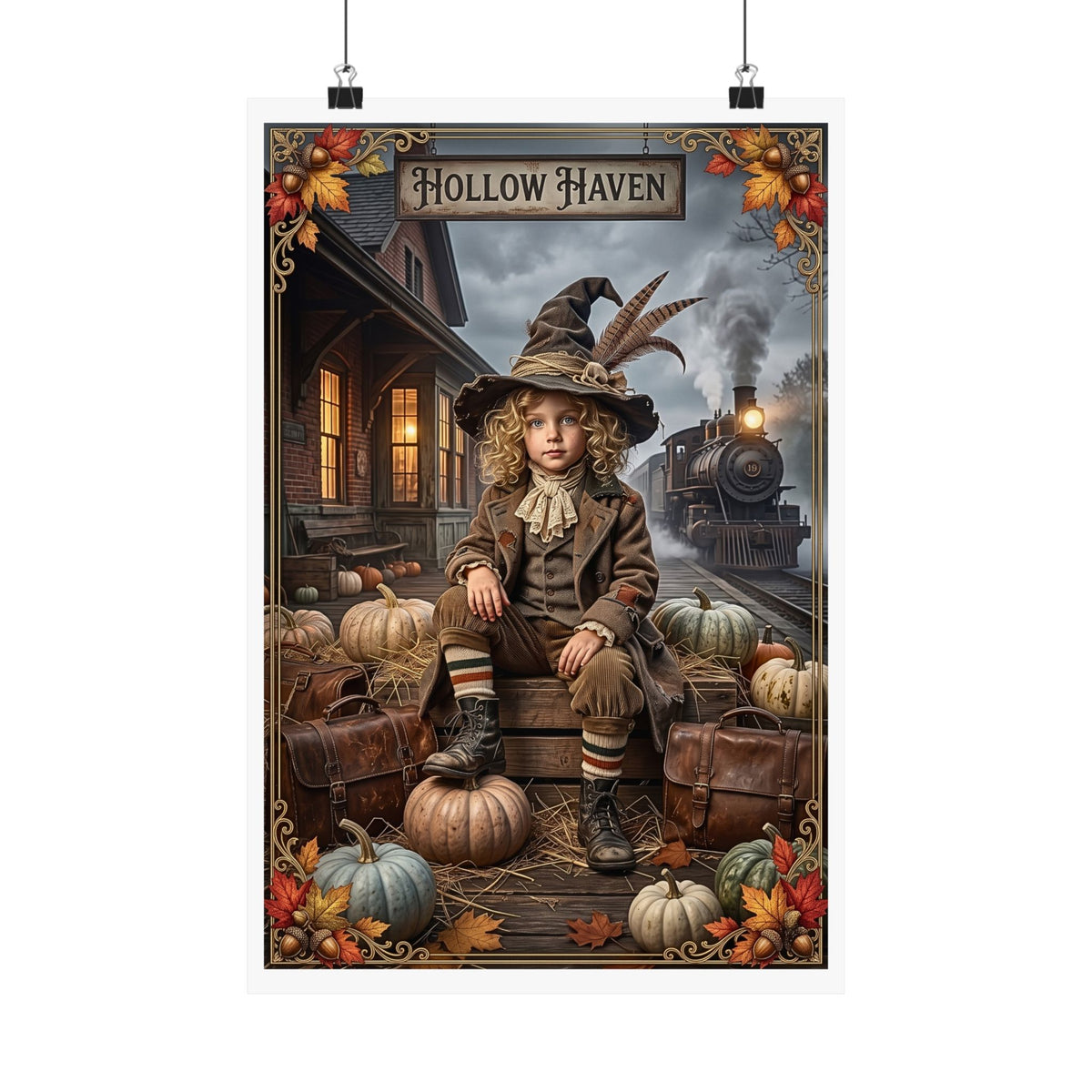 Vintage Halloween Traveler Child Design | Satin Poster | Gothic Fall Graphic | 1900 "Hollow Haven" Train Station | Whimsical Witch Decor