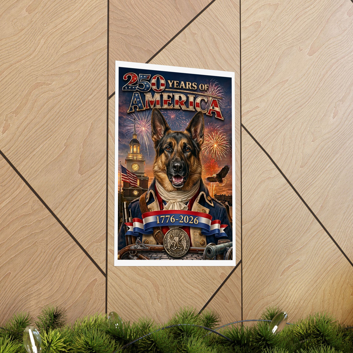 Patriotic GERMAN SHEPHERD Dog | Matte Finish Poster | 250 Years of America 1776-2026 | Independence Hall | Soaring Bald Eagle | 5 sizes