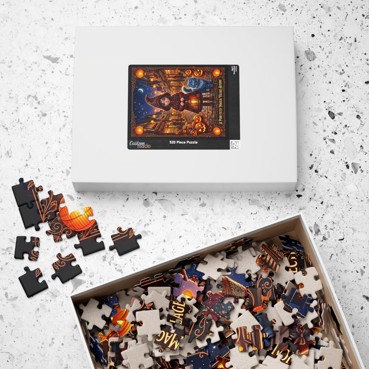 Whimsical Halloween Jigsaw Puzzle | Purr-fectly Magical Autumn Village | Cute Girl and Blue Cat | Cozy Fall Jack-o'-Lantern Activity