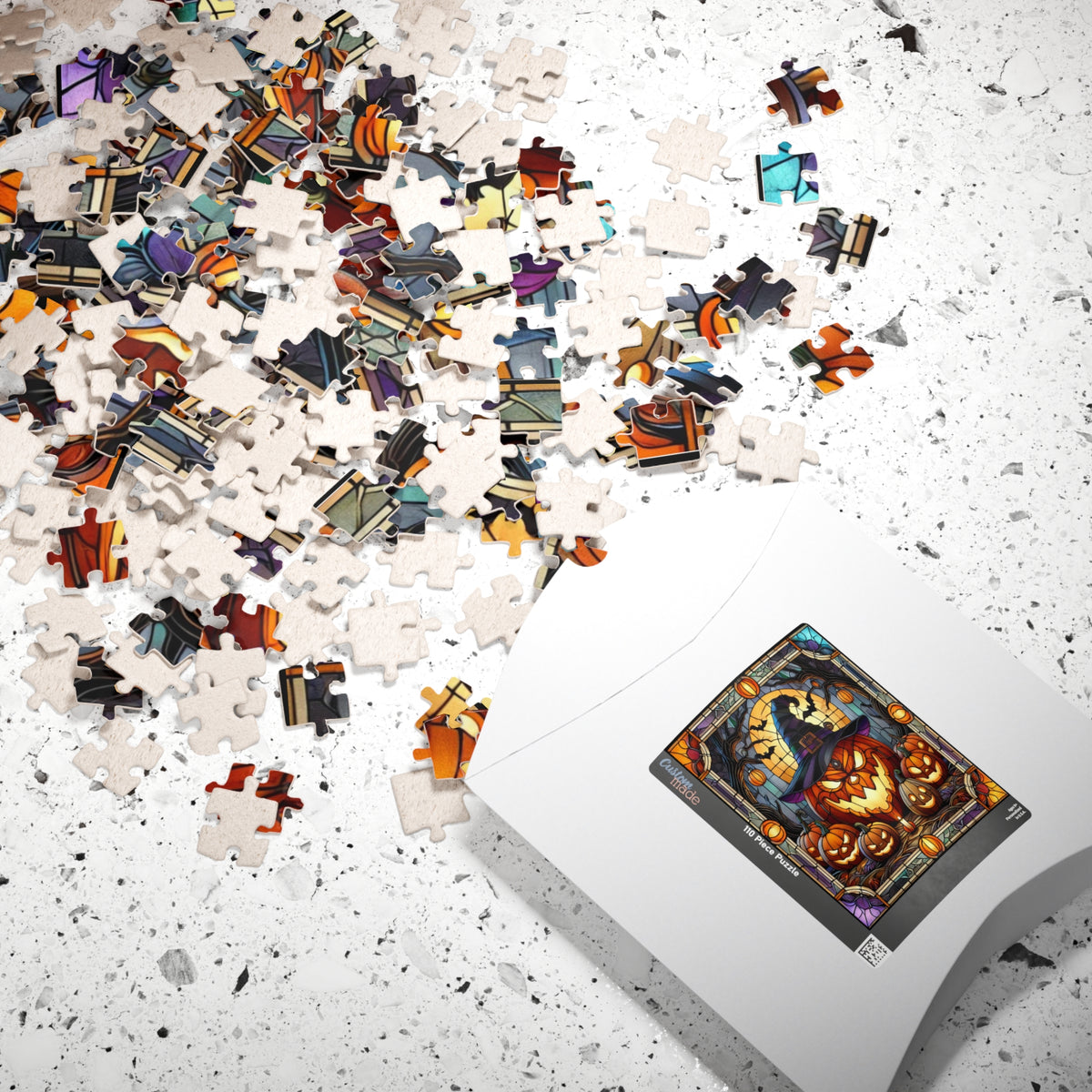 Halloween Puzzle | Faux Stained-Glass Art | Featuring Pumpkins, Witches Hat, Bats and Candles | Perfect Spooky Activity & Gift for Halloween Fans