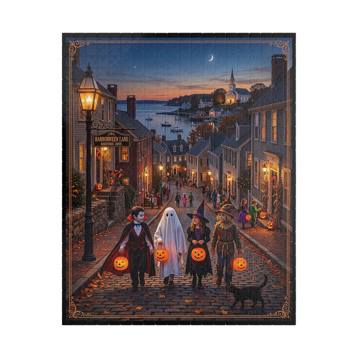 "HARBORWEEN LANE" Historic District | Jigsaw Puzzle - 3 sizes | Nostalgic Night Town Scene | Classic Halloween Art | Spooky Retro Trick-or-Treat Village | Fall Gift for Kids & Adults