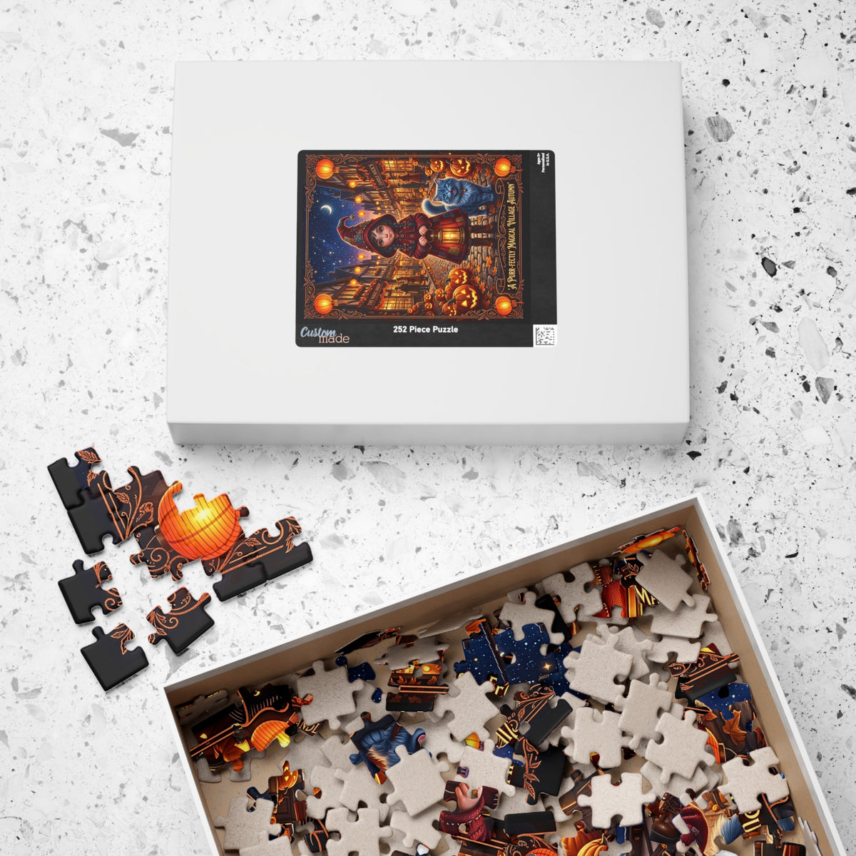 Whimsical Halloween Jigsaw Puzzle | Purr-fectly Magical Autumn Village | Cute Girl and Blue Cat | Cozy Fall Jack-o'-Lantern Activity