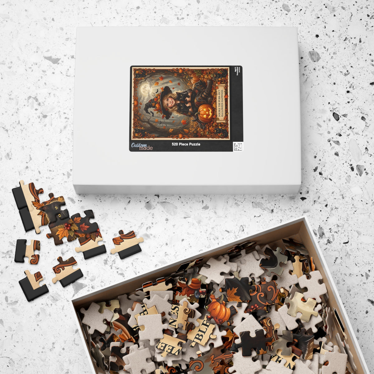 Vintage Double the Purr-fect Halloween Jigsaw Puzzle | Young Blonde Witch, Black Kittens | Autumn Jack-o'-Lantern | Fall Leaves & Full Moon