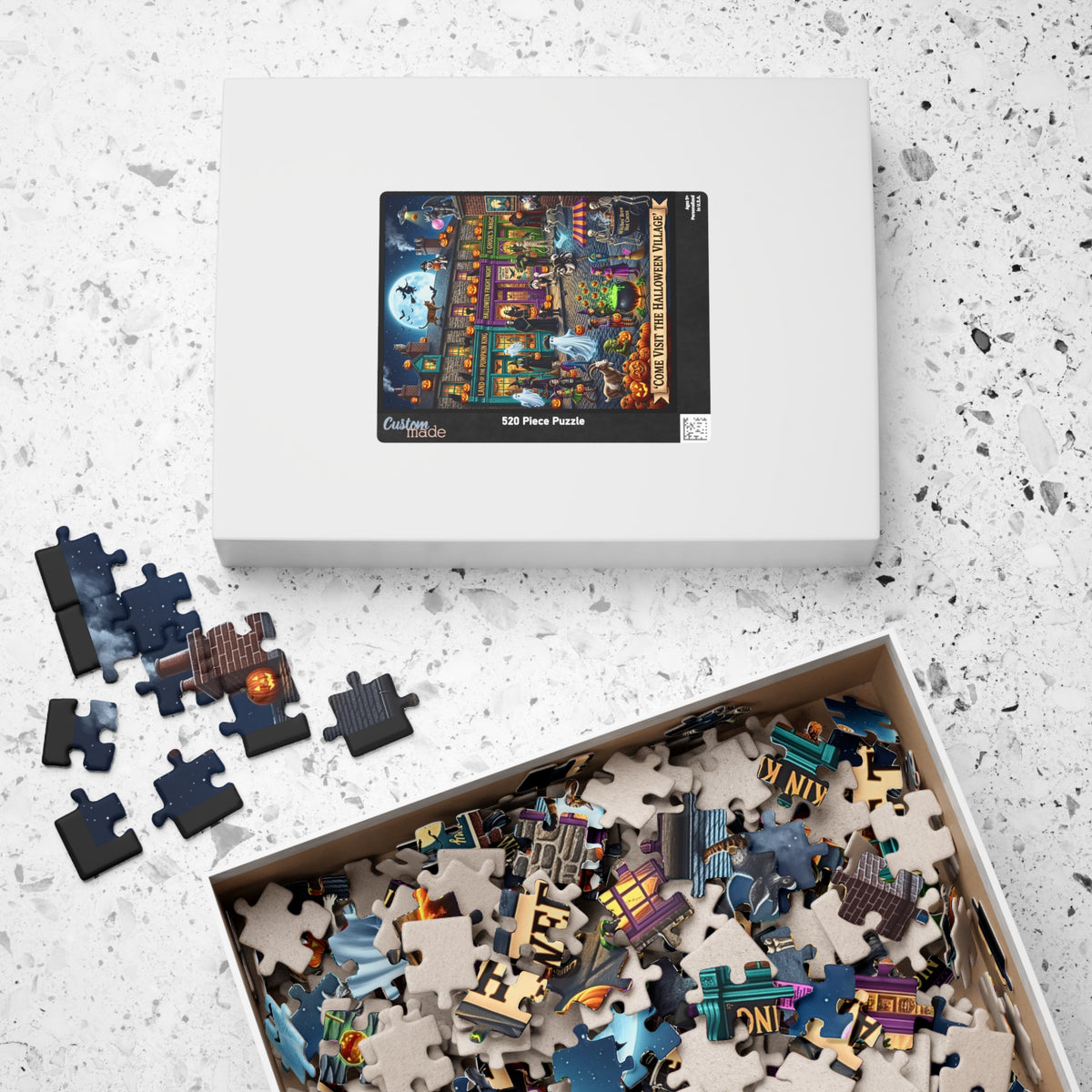 Whimsical Halloween Village | Jigsaw Puzzle | Spooky Town Night Scene | Classic Monsters, Costumed Trick-or-Treaters | Jack-o'-Lanterns
