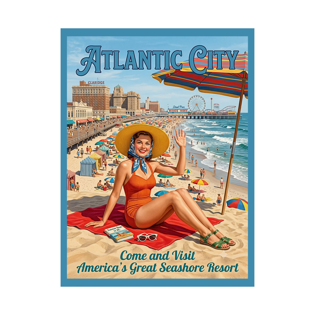 Vintage Atlantic City Matte Vertical Travel Poster | Mid-Century Retro Beach Wall Art | New Jersey Boardwalk Print | Coastal Summer Decor