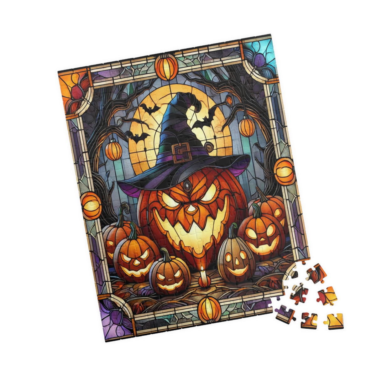 Halloween Puzzle | Faux Stained-Glass Art | Featuring Pumpkins, Witches Hat, Bats and Candles | Perfect Spooky Activity & Gift for Halloween Fans