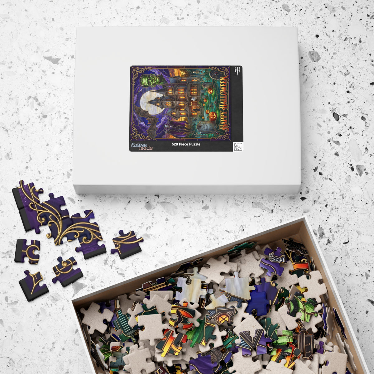 Vintage "Happy Halloween" Stained-Glass Jigsaw Puzzle | Classic Frankenstein & Vampire Monsters | Haunted Victorian Mansion