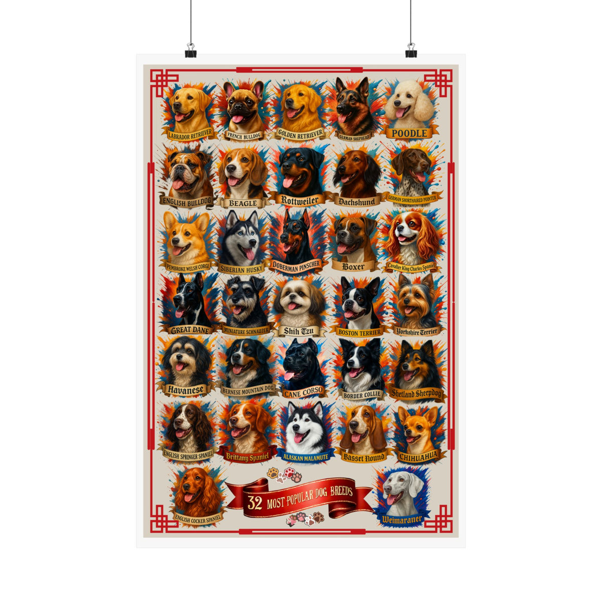 32 "Most Popular Dog Breeds" Satin Poster, Eye-Catching Wall Art, Dog Lover Decor, Unique Dog Owner Gift, Dog-Themed Wall Art