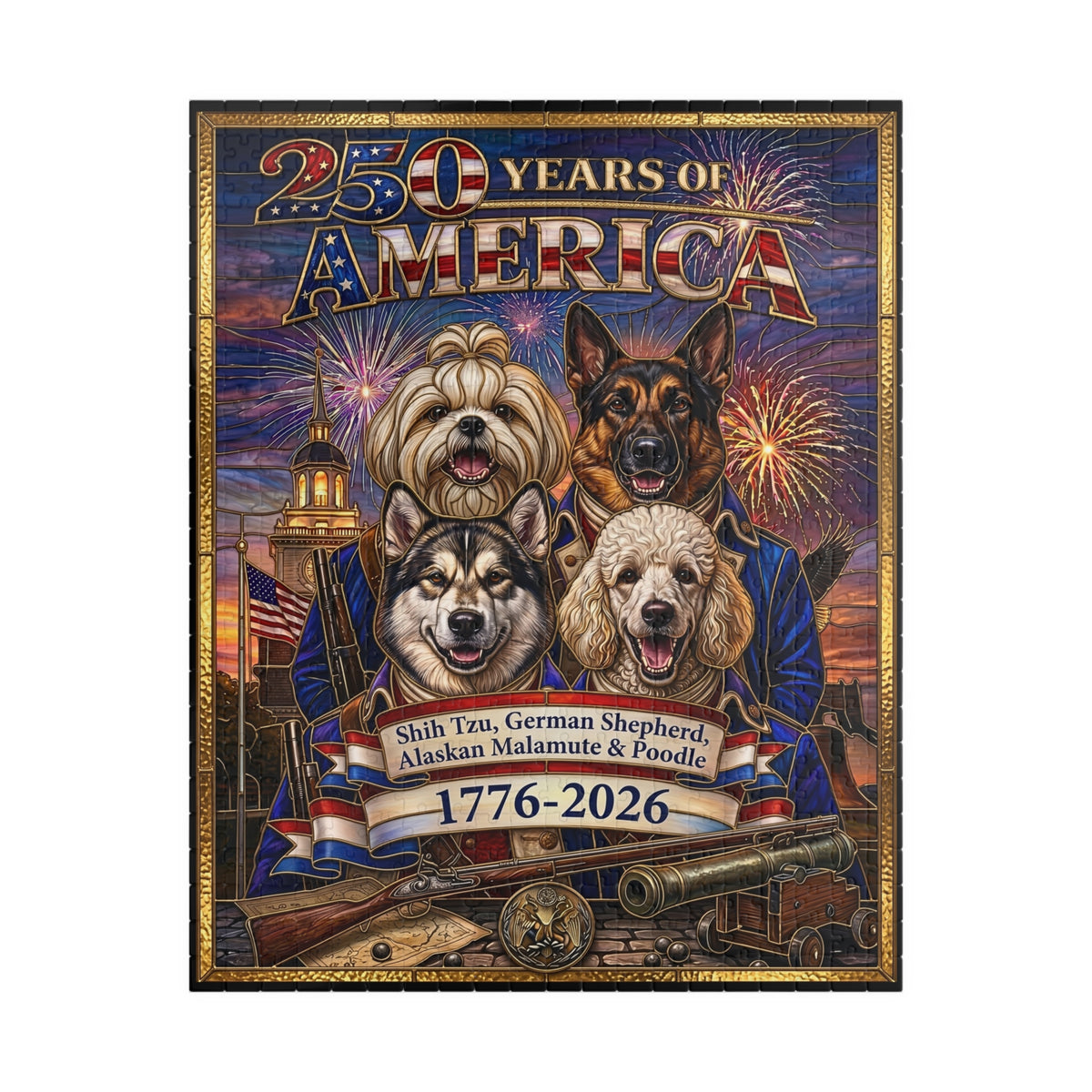 250 Years of America 1776-2026 - Four Patriotic K9's | Faux Stained Glass Jigsaw Puzzle | Shih Tzu, German Shepherd, Alaskan Malamute & Poodle