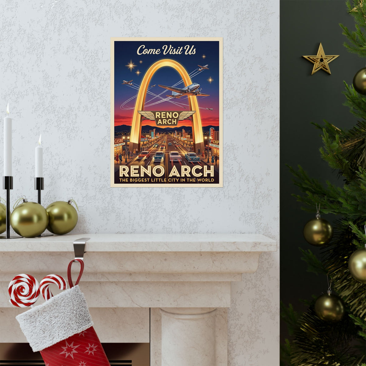 Reno Arch Retro Travel | Matte Vertical Poster | Vintage Nevada Mid-Century Wall Art | Biggest Little City | 1950s Americana Cityscape Decor