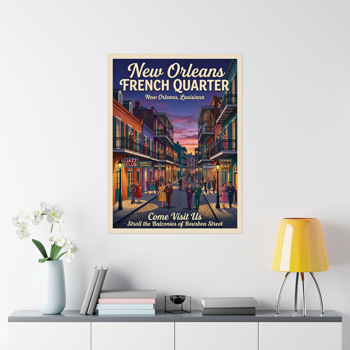 Retro New Orleans Travel Rolled Poster | 1950s French Quarter Twilight Art | Bourbon Street Balcony Print | Photo-realistic NOLA Wall Decor