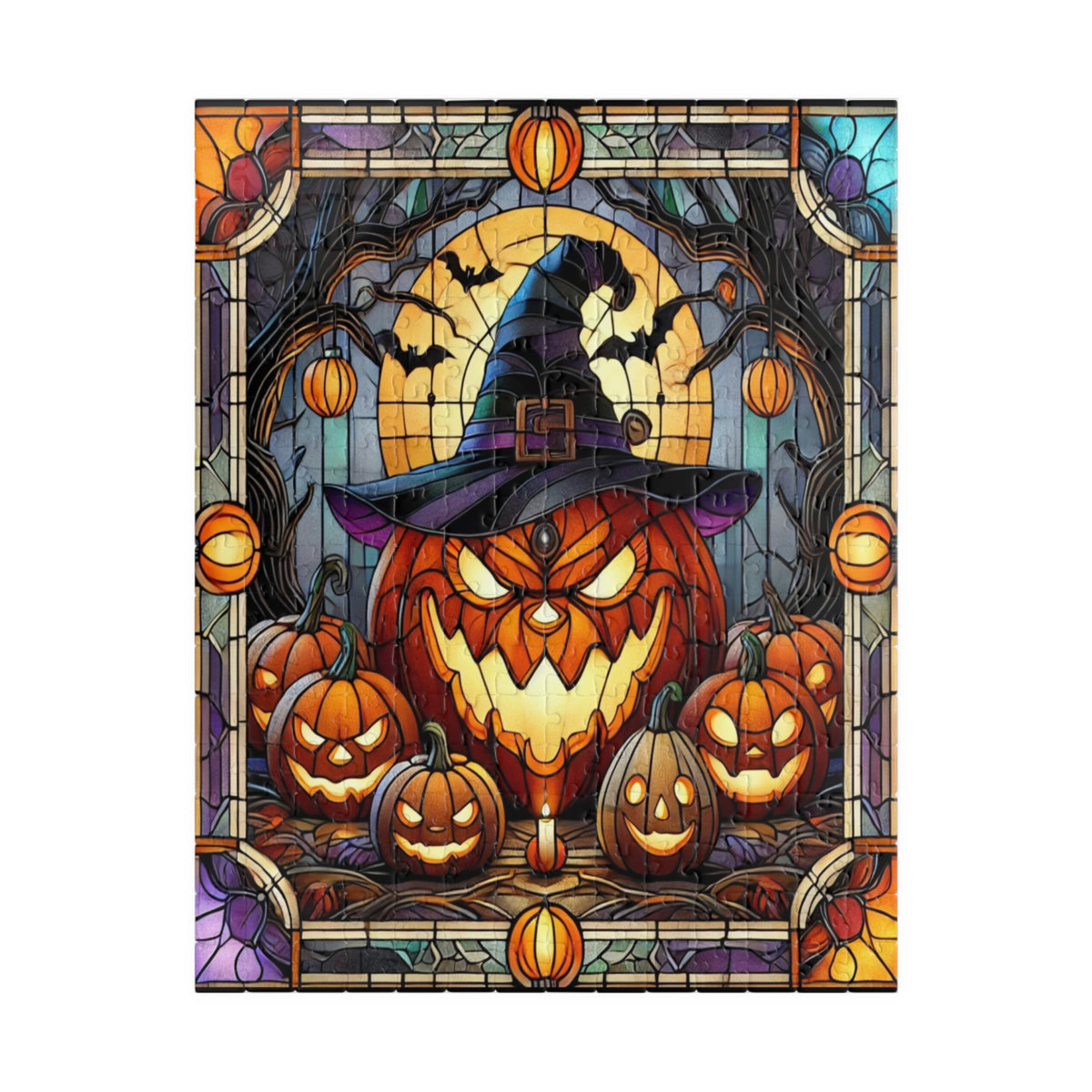 Halloween Puzzle | Faux Stained-Glass Art | Featuring Pumpkins, Witches Hat, Bats and Candles | Perfect Spooky Activity & Gift for Halloween Fans