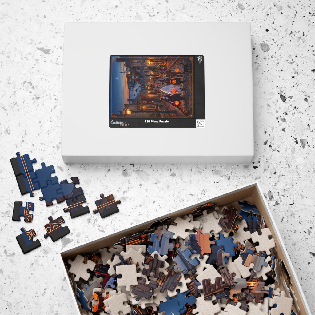 "HARBORWEEN LANE" Historic District | Jigsaw Puzzle - 3 sizes | Nostalgic Night Town Scene | Classic Halloween Art | Spooky Retro Trick-or-Treat Village | Fall Gift for Kids & Adults