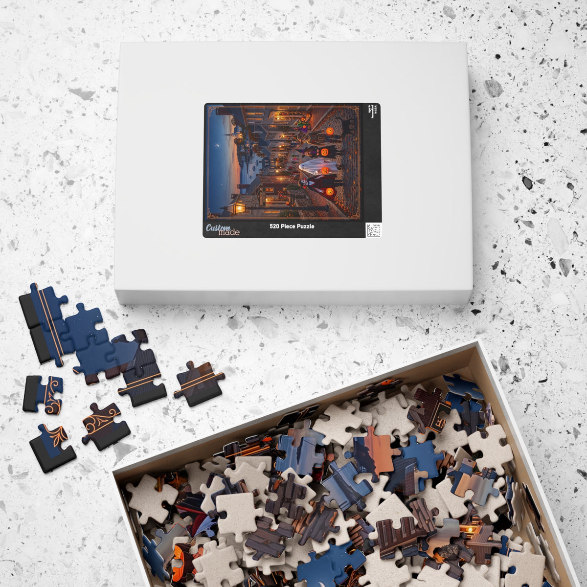 "HARBORWEEN LANE" Historic District | Jigsaw Puzzle - 3 sizes | Nostalgic Night Town Scene | Classic Halloween Art | Spooky Retro Trick-or-Treat Village | Fall Gift for Kids & Adults