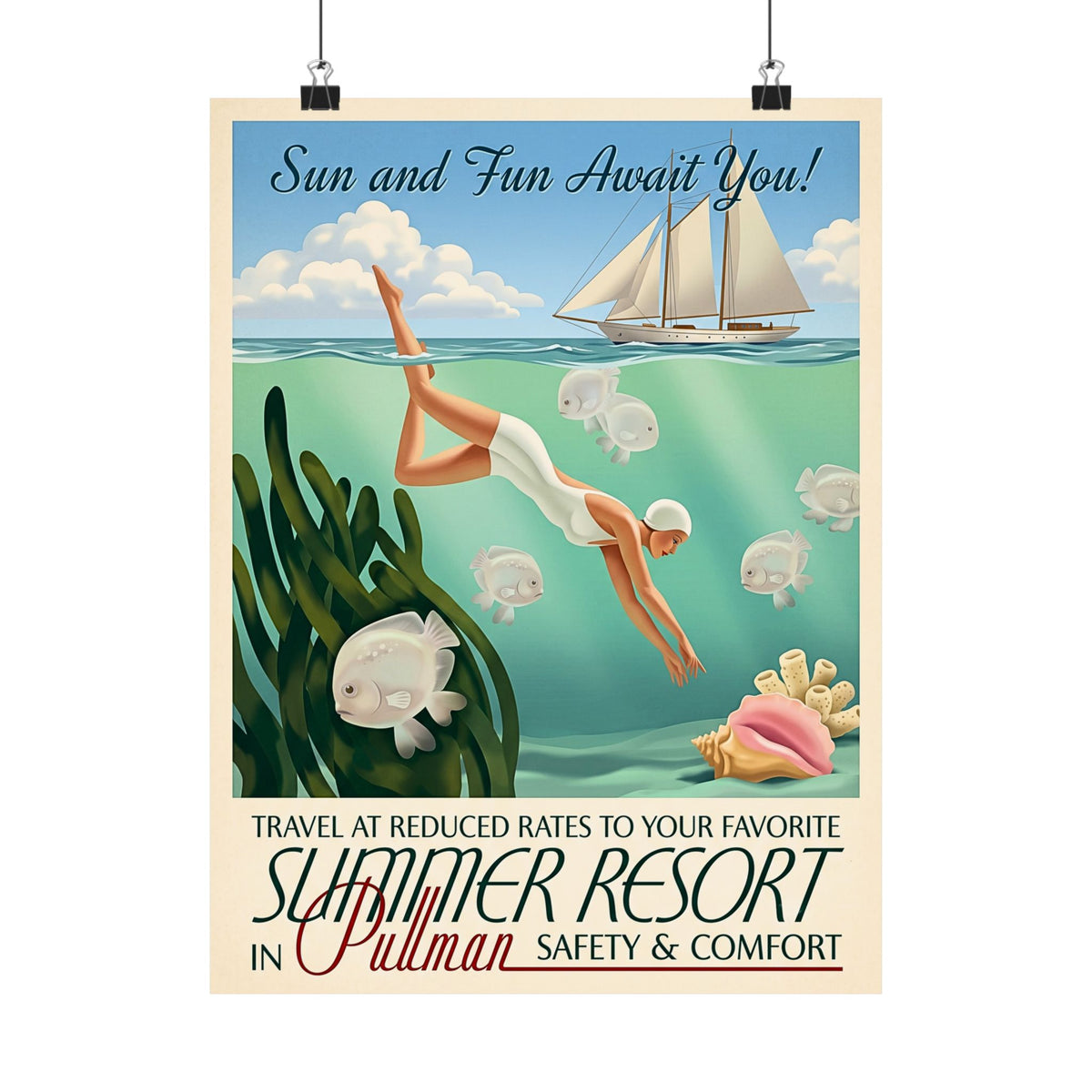 Vintage Travel Poster | Matte Vertical Poster | Retro Woman Diver & Sailboat | Pullman Summer Resort Beach Art | Mid-Century Nautical Decor