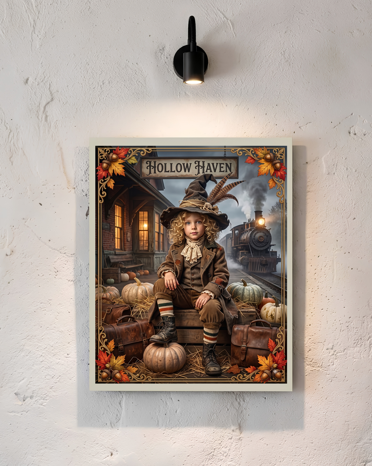 Vintage Halloween Child Traveler | Silk-finish Poster | Whimsical Gothic Autumn Design | 'Hollow Haven' Train Station | Luggage and Pumpkins