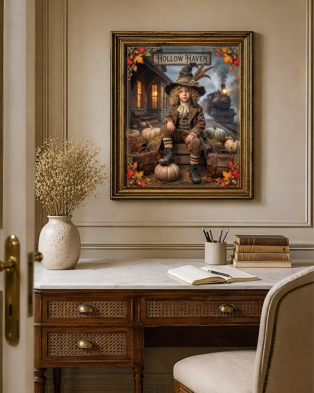 Vintage Halloween Traveler Child Design | Gothic Fall Graphic | 1900 "Hollow Haven" Train Station | Whimsical Witch Décor (Digital Product)